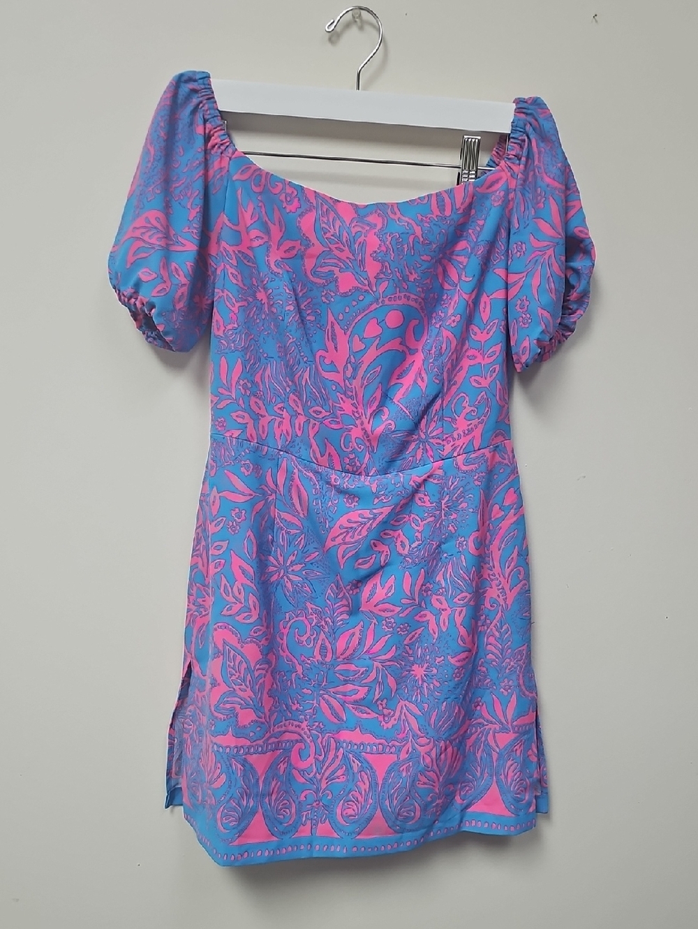 Lilly Pulitzer Blue and Pink Puff-Sleeve Off-Shoulder Mini Dress